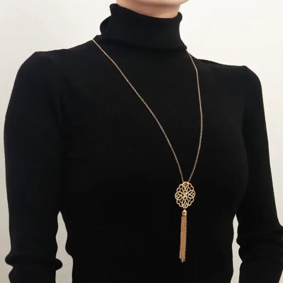 NEW Gold Lotus Flower Mandela Tassle Long Pendant Necklace - Picture 4 of 5